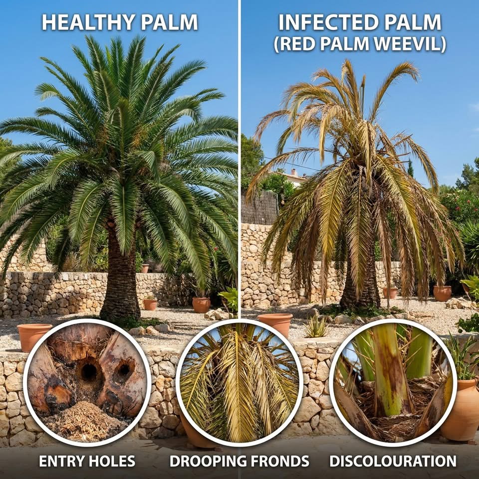 Healthy palm compared with palm affected by red palm weevil